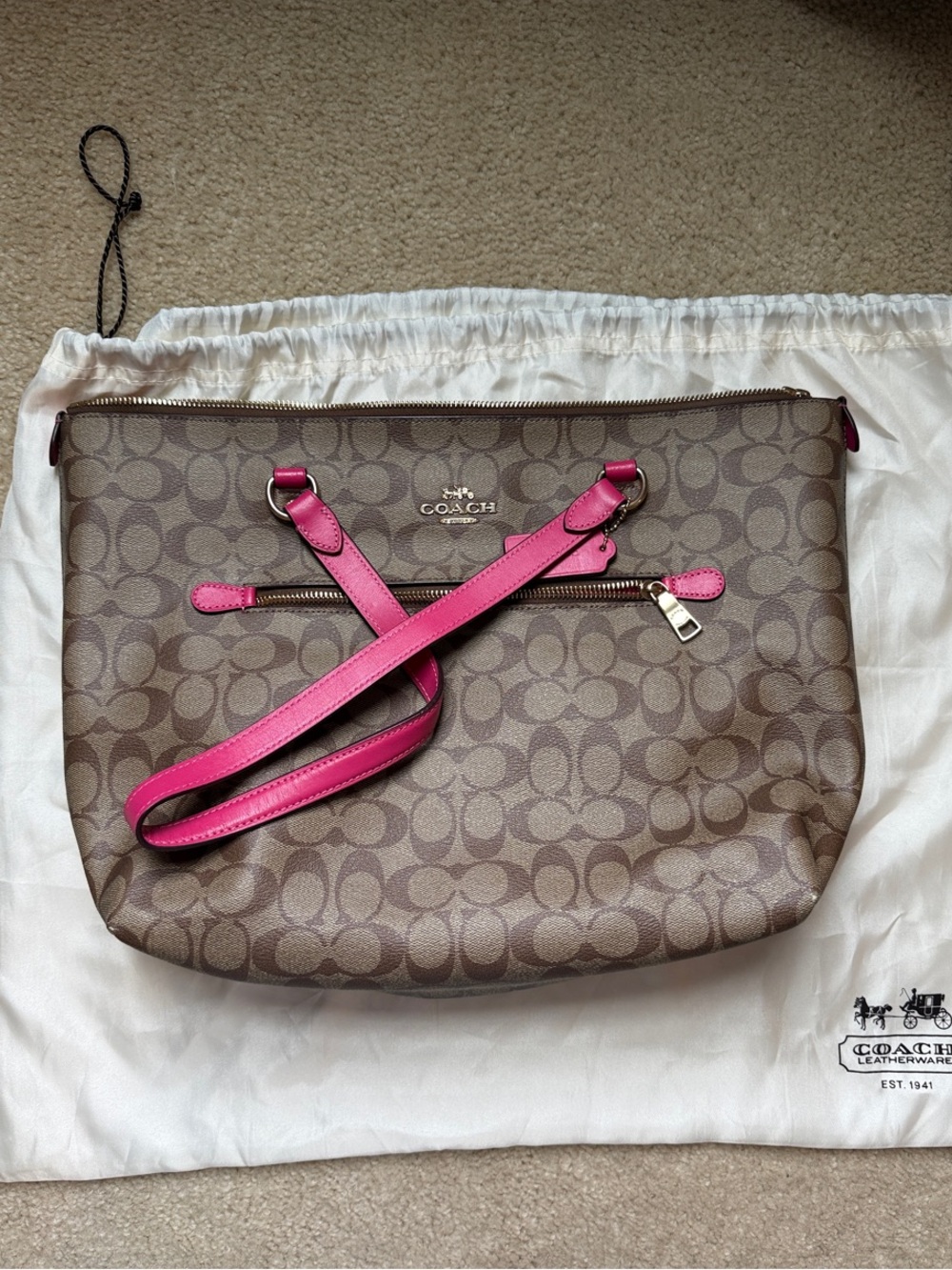 Coach Brown Signature Crossbody Tote with Pink Trim